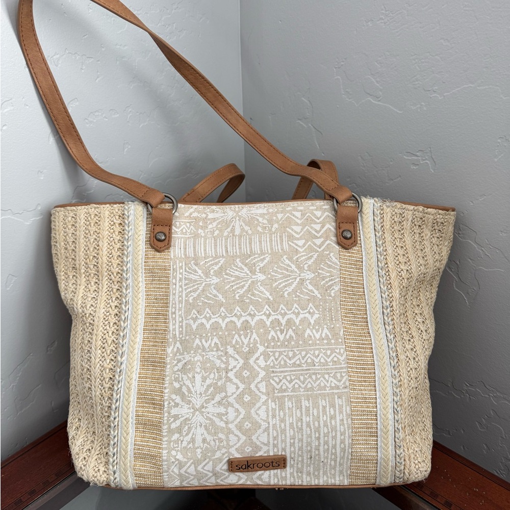 Sakroots Medium Straw Tote Bag Tan Beige Print Silver Shimmer